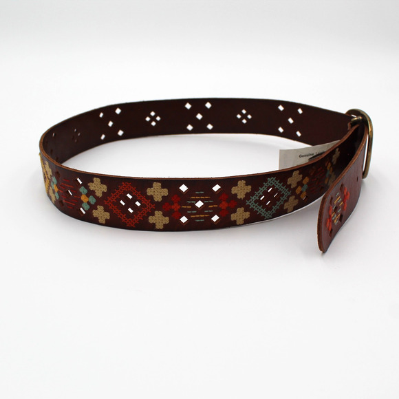 Fossil Y2K Belt Women Size Small Brown Leather Embroidered Western Boho Festival - Picture 4 of 7